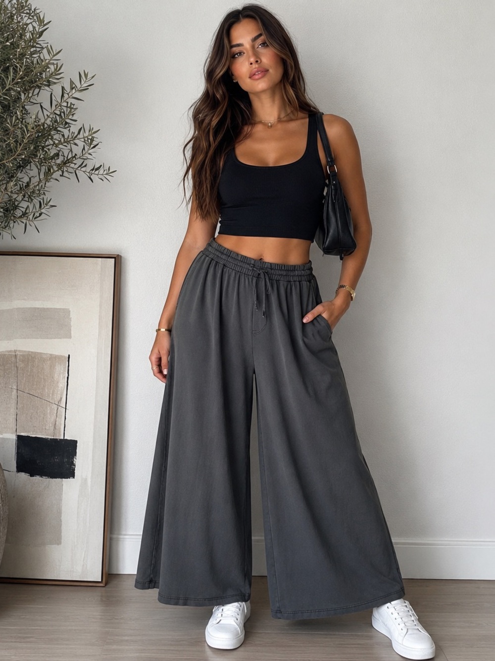 ZARA Washed Charcoal Wide Leg Culottes Lounge Pants